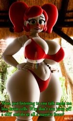 3d animatronic animatronic_female bare_shoulders bikini blush breasts circus_baby_(fnaf) clown clown_girl clown_makeup clown_nose dialogue five_nights_at_freddy's five_nights_at_freddy's:_sister_location green_eyes hands_on_hips large_breasts looking_at_viewer masteryorg0 navel ponytail red_hair short_hair solo speech summer_of_87_baby tagme text thick_thighs voluptuous wide_hips