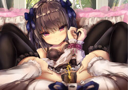 2girls bangs black_bra black_legwear black_panties blouse blurry blush bound bound_wrists bra breasts brown_hair c: closed_mouth collarbone corset depth_of_field eyebrows_visible_through_hair frilled_legwear hair_between_eyes highres long_hair long_sleeves looking_at_viewer lying missile228 multiple_girls on_back original panties peeing peeing_self pov purple_eyes small_breasts smile solo_focus spread_legs stained_panties thighhighs underwear white_blouse yuri