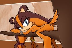 accurate_art_style anthro ass badger big_feet black_nose blue_eyes bracelet branch breasts brown_body brown_fur feet female fur genitals hi_res jewelry lisnotsfw lying mammal mustelid musteline narrowed_eyes nipples nude nude_female on_front on_model orange_body plant sega solo sonic_(series) sonic_boom sonic_the_hedgehog_(series) sticks_the_badger tail tree vulva