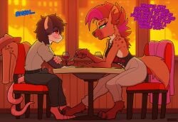 absurd_res alcohol anthro beef beverage bnbigus clothing date dialogue duo erection feet female flirting food footsie genitals green_eyes hair hi_res hyena male mammal meat murid murine night penis rat red_eyes rodent sitting steak tail wine