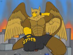 5_fingers abs aeronus anthro avian balls balls_outline beak biceps biped boxer_briefs brown_body brown_fur building building_destruction bulge carpo city city_background city_crushing city_destruction cityscape claws clothed clothing crush destruction detailed_bulge erection erection_under_briefs erection_under_clothing feathered_wings feathers finger_claws fingerless_gloves fingers fire fur genital_outline genitals gloves gryphon handwear landscape_dwarfing macro macro_anthro macro_male male muscular muscular_anthro muscular_male mythological_avian mythological_creature mythology nude outside paws pecs penile penis penis_outline road sitting sky solo tail underwear vehicle vehicle_destruction wings
