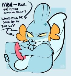 1upgobbo anthro anus autofootjob balls big_penis blue_body english_text feet foot_fetish foot_play generation_3_pokemon genitals hi_res imminent_incest male masturbation mudkip nah_(1upgobbo) nintendo penis pokemon pokemon_(species) profanity solo spots tail tapering_penis text thinking