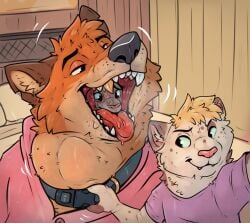 anthro baileyx bed blonde_hair blue_eyes bunny_costume canid canine clothing collar colored costume cuck_vore domestic_cat felid feline felis forced fox furniture gold_(metal) gold_tooth group hair hi_res lagomorph last_look leporid male male/male mammal neck_bulge open_mouth oral_vore pink_bunny_costume rabbit sharp_teeth smile swallowing teeth tongue tongue_out trio unwilling_prey vore willing_prey