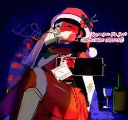 black_hair christmas christmas_clothing christmas_headwear christmas_outfit christmas_tree dialogue_box ena ena_(dream_bbq) ena_(series) peruvian_female yuri