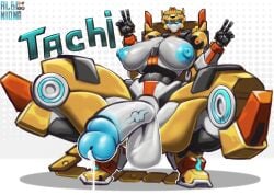 2026 absurd_res albinion balls big_breasts black_body blue_eyes blue_glans blue_nipples bodily_fluids breasts cheetah digital_drawing_(artwork) digital_media_(artwork) double_peace_sign eyelashes felid feline genital_fluids genitals gesture glans glowing glowing_eyes gynomorph half-erect hand_gesture hi_res huge_breasts humanoid humanoid_genitalia humanoid_penis intersex looking_at_viewer machine mammal mecha mecha_focus mecha_girl metal_cardbot multicolored_body narrowed_eyes nipples peace_sign penis precum robot robot_humanoid shaded_face solo spread_legs spreading tachi_(metal_cardbot) tachy_(metal_cardbot) tail thick_thighs tire white_body wide_hips yellow_body