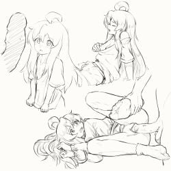 1boy 1girls ahoge black_and_white bottomless chernyyvo closed_eyes eyes_open feet foot_grab from_above from_side grabbing grabbing_feet hands_together legs_spread lying onii-chan_wa_oshimai! open_mouth oyama_mahiro penetration penis pulling_shirt pussy removing_clothing scrotum shirt shirt_only shorts sitting small_breasts socks spread_legs vaginal_penetration