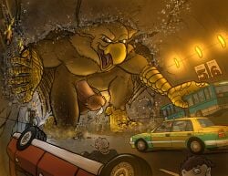 4_toes abs anthro avian balls beak biceps biped bodily_fluids brown_body brown_fur carpo claws destruction erection extreme_size_difference feathered_wings feathers feet finger_claws fingers fur genital_fluids genitals gryphon hi_res humanoid_genitalia humanoid_penis looking_at_viewer macro macro_anthro macro_male male muscular muscular_anthro muscular_male mythological_avian mythological_creature mythology nude open_mouth paws pecs penile penis precum rampage size_difference smile solo tail toe_claws toes tunnel tyrnn vehicle vehicle_destruction wings