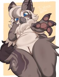 2026 absurd_res anthro beak biped blue_eyes brown_body brown_hair claws countershade_fur countershade_torso countershading digital_drawing_(artwork) digital_media_(artwork) female finger_claws fingers front_view fur genitals hair handpaw hi_res looking_at_viewer looking_down looking_down_at_viewer low-angle_view navel paws simple_background smile solo teacup_gryphon vulva zinfyu