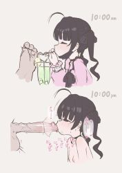 black_eyes black_hair blunt_bangs breasts choker commentary crazy_straw drink drinking drinking_straw english_commentary fellatio heart_straw highres large_penis mask medium_hair mouth_mask multiple_views nipples oral original penis rainnico sharing small_breasts testicles timestamp tongue tongue_out topless_female two_side_up uncensored