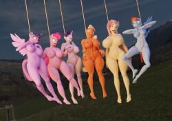 3d_(artwork) 5_fingers 5_toes air_dancing alicorn anthro applejack_(mlp) areola asphyxiation big_breasts blonde_hair blue_body breasts clenched_teeth closed_eyes cutie_mark digital_media_(artwork) dying earth_pony equid equine execution execution_(group) feathered_wings feathers feet female fingers fluttershy_(mlp) friendship_is_magic fur genitals green_eyes group hair hanged hasbro hi_res horn horse humanoid_feet mammal megotraun multicolored_hair my_little_pony mythological_creature mythological_equine mythology nipples noose nude open_mouth outdoor_nudity outside pegasus pink_body pink_hair pinkie_pie_(mlp) plantigrade pony rainbow_dash_(mlp) rainbow_hair rarity_(mlp) rope snuff spreading struggling tail teeth toes tongue tongue_out twilight_sparkle_(mlp) unicorn vulva wings yellow_body