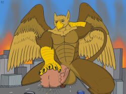 5_fingers abs aeronus anthro avian balls beak biceps biped brown_body brown_fur building building_destruction carpo city city_background city_crushing city_destruction cityscape claws crush destruction erection feathered_wings feathers finger_claws fingers fire fur genitals gryphon macro macro_anthro macro_male male muscular muscular_anthro muscular_male mythological_avian mythological_creature mythology nude outside paws pecs penile penis road sitting sky solo tail vehicle vehicle_destruction vein veiny_penis wings