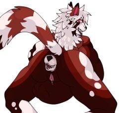 ailurid anal anal_vore anthro ass belly big_belly body_outline breath duo female fur hi_res male male/female mammal multicolored_body panting presenting presenting_hindquarters prey_outline raised_tail red_panda tail vore white_body white_fur