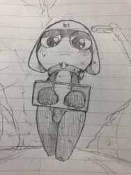 3:4 abnarie alien amphibian balls blush bodily_fluids clothing collar cuff_(restraint) frog genitals handcuffs headgear headwear hi_res keronian keroro_gunsou male metal_cuffs monochrome nude penis restraints solo sweat tamama