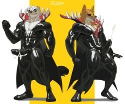 5_fingers absurd_res animate_inanimate anthro balls bared_teeth black_bodysuit black_clothing black_latex black_nose black_skinsuit bodily_fluids body_control bodysuit brown_body brown_fur bulge canid canine canis cape clothing cum cum_drip cum_on_penis cumshot cxcxxcxxxx dazed detailed_bulge domestic_dog dripping duo ejaculation erection erection_under_clothing featureless_feet feet felid feline felis fingers fist fur genital_fluids genital_outline genitals head_tuft hi_res humanoid_genitalia humanoid_penis hypnosis hypnotic_eyes latex latex_clothing latex_skinsuit living_clothing living_latex male mammal mind_control muscular muscular_anthro muscular_male open_mouth pantherine penis penis_outline pose signature simple_background skinsuit smile snow_leopard spiral spiral_eyes sucking_tentacles tentacle tentacle_creature tight_clothing tuft white_background white_body white_fur yellow_background