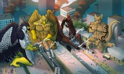 abs alicorn animal_genitalia anthro arm_tattoo avian balls beak biceps biped bird bodily_fluids brown_body brown_fur building building_destruction carpo city city_background city_crushing city_destruction cityscape claws corvidius_(character) crush cum cumshot daru_brek destruction dragon ejaculation equid equine equine_genitalia erection extreme_size_difference falcon falconid feathered_wings feathers feet finger_claws fingers fledge_(railjunkey) fur genital_fluids genitals group gryphon hi_res horn house landscape_dwarfing macro macro_anthro macro_male male mammal masturbation muscular muscular_anthro muscular_male mythological_avian mythological_creature mythological_equine mythological_scalie mythology nude outside paws pecs penetrable_sex_toy penetration penile penile_masturbation penis railway_track rampage scalie sex_toy size_difference smile station tail tattoo tephros toe_claws toes train vehicle vehicle_destruction vehicle_penetrated vein veiny_penis white_body wings