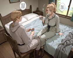 1boy ai_generated bedroom blue_eyes brown_hair day female forehead gabrail green_eyes high_ponytail light_brown_hair long_hair low_ponytail mature_female milf mother mother_and_son mushoku_tensei mushoku_tensei:_isekai_ittara_honki_dasu on_bed pajamas ponytail robe rudeus_greyrat short_hair sitting son speech_bubble talking tea window zenith_greyrat