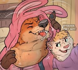 anthro baileyx bed bedroom blonde_hair blue_eyes bodily_fluids bunny_costume canid canine claws closed_eyes clothing collar colored costume cuck_vore dialogue domestic_cat duo felid feline felis forced fox fur furniture gold_(metal) gold_tooth hair hi_res inside larger_pred male male/male mammal neck_bulge open_collar oral_vore orange_body orange_fur pink_bunny_costume saliva size_difference smile teeth tongue unwilling_prey vore willing_pred