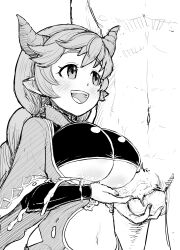 1boy absurdres braid breasts caressing_testicles carmelina_(granblue_fantasy) clothed_female_nude_male clothing_cutout comic_lo commentary_request cum cum_on_body cum_on_breasts draph ejaculation eo_masaka female granblue_fantasy greyscale handjob head_out_of_frame highres horns large_breasts long_hair looking_up monochrome navel nude open_mouth penis penis_under_breasts smile stomach_cutout straight teeth testicles twin_braids underboob underboob_cutout upper_teeth_only veins veiny_penis very_long_hair