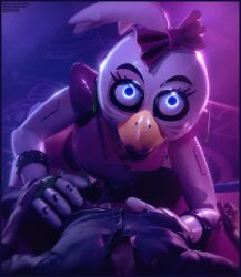 3d_(artwork) accessory animatronic anthro arm_accessory avian beak bird blue_eyes bow_ribbon chicken clothing digital_media_(artwork) duo female five_nights_at_freddy's five_nights_at_freddy's:_security_breach galliform genitals glamrock_chica hair hair_accessory half-erect hand_under_shirt hi_res imminent_sex leotard lipstick looking_at_viewer machine makeup male male/female mrcourage616 on_model penis phasianid pink_clothing pink_leotard robot scottgames steel_wool_studios