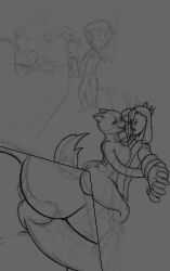 adventure_time anthro big_breasts breasts cake_the_cat cartoon_network dominant dominant_female duo elangelote felid feline female fionna_the_human_girl group hi_res human lord_monochromicorn male male/female mammal marshall_lee naughty_face prince_gumball sex sketch_page thick_thighs thigh_sex