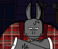 animated anthro arm_hair asinus axe body_hair donkey equid equine hybrid long_ears lumberjack male mammal mouth_shot mule open_mouth oral_vore predator/prey size_difference smug snout solo teeth_showing tongue vore