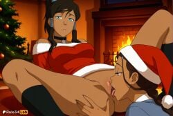 2girls ai_generated artist_name avatar_legends avatar_the_last_airbender blue_eyes bottomless braid breasts brown_hair choker christmas christmas_lights christmas_tree cunnilingus dark-skinned_female dark_skin fire fireplace hair_tubes hat hi_res katara kneehighs korra licking long_hair medium_breasts multiple_girls nickelodeon nicktoons no_panties oral ponytail pussy pussy_juice rule34lab santa_costume santa_hat socks spread_legs the_legend_of_korra tongue tongue_out uncensored watermark yuri