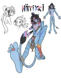 4_toes alien balls black_hair blue_body blue_highlights blue_skin blue_stripes bodypaint bottomwear bulge choker clothing digit_ring dreadlocks feet flaccid genitals hair hair_over_eye hatikki_(xing1) hi_res highlights_(coloring) humanoid humanoid_feet humanoid_genitalia humanoid_penis humanoid_pointy_ears james_cameron's_avatar jewelry loincloth model_sheet na'vi necklace penis pink_highlights plantigrade pointy_ears ring sash simple_background smile striped_body striped_skin stripes tail tail_tuft toe_ring toes tuft wide_eyed xing1