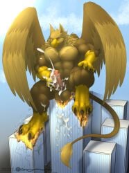 4_toes 5_fingers abs anthro avian balls beak biceps biped bodily_fluids brown_body brown_fur building building_destruction carpo city city_background cityscape claws crush cum cum_on_building cumshot destruction ejaculation erection feathered_wings feathers feet finger_claws fingers fire fur genital_fluids genitals gryphon hi_res house koa_wolf macro macro_anthro macro_male male masturbation muscular muscular_anthro muscular_male mythological_avian mythological_creature mythology nude outside paws pecs penile penile_masturbation penis rampage sitting sitting_on_building solo tail toe_claws toes wings