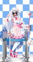 1boy absurdres ball_gag blue_archive blush bound bustier checkered_background choker commission corset cosplay crescent crescent_hair_ornament gag grey_wings hair_ornament halo head_wings heart highres holding holding_staff kigurumi lock mage_staff magical_girl maguro27 mascot_costume pantyhose pink_corset pink_halo pixiv_commission restrained sensei_(blue_archive) sex_toy sign single_hair_intake single_head_wing single_wing smile solo_male staff stealth_bondage suzumi_(blue_archive) suzumi_(blue_archive)_(cosplay) suzumi_(magical)_(blue_archive) tape translation_request twitching v vibrator warning_sign watermark white_pantyhose wing_ornament wings