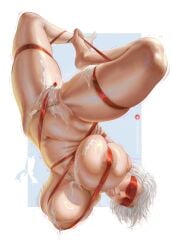 1girls abara-art absurdres areola_slip blindfold bondage bound breasts censored cherry commentary covered_nipples cream curvy english_commentary highres huge_breasts mature_female mosaic_censoring motion_lines naked_ribbon nier:_automata nier_(series) pussy ribbon thighs yorha_2b