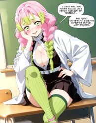 ai_generated black_jacket black_skirt blush classroom cleavage crossed_legs demon_slayer green_eyes green_hair green_thighhighs kimetsu_no_yaiba large_breasts long_hair mitsuri_kanroji multicolored_hair partially_unbuttoned pink_footwear pink_hair pleated_skirt ribbed_legwear sandals tri_braids white_belt white_haori white_shirt zettai_ryouiki