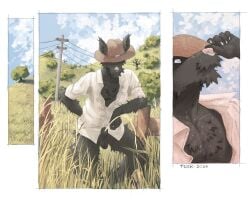 animal_genitalia anthro balls black_body black_fur bodily_fluids bottomless brown_clothing brown_hat brown_headwear canid canine canis chest_tuft clothed clothing cloud facial_piercing field fully_sheathed fur furgonomic_headwear furgonomics genital_fluids genitals grass hand_behind_back hat headgear headwear male mammal nose_piercing nose_ring open_clothing open_shirt open_topwear outside peeing peeing_on_grass penis penis_tip piercing plant ring_piercing sheath shirt solo soma_(unebetesauvage) sweat sweatdrop tall_grass topwear tree tuft tuskito unbuttoned_shirt urine urine_stream utility_pole white_clothing white_shirt white_topwear wolf