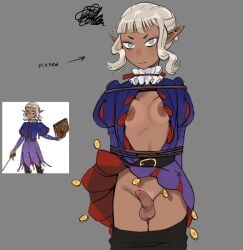 1boy annoyed annoyed_expression arms_tied big_nipples blush bondage breasts breasts_out closed_mouth clothing dark-skinned_male dark_skin delicious_in_dungeon dungeon_meshi elf elf_ears feet_out_of_frame femboy grey_eyes grey_hair long_hair looking_at_viewer male male_only nipples open_clothes open_shirt otoko_no_ko pants pants_down penis pubic_hair reference_image reference_inset rope rope_bondage selkiejuice skirt skirt_lift small_breasts small_penis thistle_(dungeon_meshi) tied_up trap