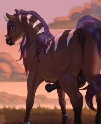 animal_genitalia animal_penis anus balls digital_media_(artwork) ear_piercing ear_ring equid equine equine_anus equine_genitalia equine_penis eyebrow_piercing eyebrow_ring facial_piercing femboy feral fur genital_piercing genitals hi_res horn horse jaribka looking_back looking_pleasured male mammal mane nose_piercing nose_ring outside penis penis_piercing piercing puffy_anus ring_piercing smile solo tail