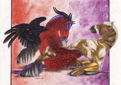 2008 5_fingers anthro anthro_on_anthro arm_support biped black_feathers black_fur black_hooves black_horn black_tail black_wings blue_mane blue_tail blue_tongue bracelet brown_fur closed_eyes colored_pencil_(artwork) demon duo ear_piercing equine erection feathered_wings feathering feathers forked_tongue fur gold_(metal) gradient_background hooves horn horn_ring horse horseshoe jewelry leaning leaning_back loki_(balorkin) long_tongue male mammal mane multicolored_fur multicolored_tail nipples nude oral pegasus penis piercing pink_nipples pink_penis red_fur sex signature simple_background sitting snout thor_(winterbalg) tongue tongue_out tonguejob traditional_media_(artwork) two_tone_tail white_fur white_mane white_tail wings winterbalg yaoi yellow_eyes