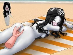 1girls anus ass aufcl4483 beach beach_towel black_hair blush bottomless breasts disembodied_hand fingering fingering_pussy hat long_hair lying_on_stomach open_mouth reference_image roblox roblox_avatar roblox_girl robloxian seashore self_upload surprised swimsuit tagme thighs white_skin zebidyyyyy_(roblox)