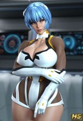 1girls 3d alternate_body_type alternate_costume alternate_version_available areola_slip areolae areolae_visible_through_clothing arm_grab arm_under_breasts blue_hair breasts cleavage curvy dress eye_contact fishnets gloves hagiwara_studio hair_ornament hands_together huge_breasts neon_genesis_evangelion plugsuit red_eyes rei_ayanami short_hair thick_thighs thighhighs thighs