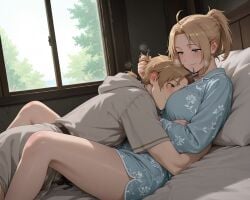 1boy ai_generated bedroom blue_eyes blush brown_hair day face_in_breasts female forehead gabrail green_eyes high_ponytail hug incest light_brown_hair long_hair low_pontail lying lying_on_bed mature_female milf mother mother_and_son mushoku_tensei mushoku_tensei:_isekai_ittara_honki_dasu on_back on_bed pajamas ponytail resting robe rudeus_greyrat short_hair smile son window zenith_greyrat