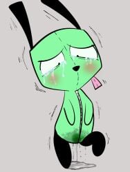 ambiguous_anthro ambiguous_gender anthro arms_in_front black_body blush bodily_fluids canid canine canis clothing costume crying domestic_dog genital_fluids gir_(invader_zim) green_body grey_background hi_res invader_zim mammal narrowed_eyes nickelodeon peeing simple_background source_request tears tongue tongue_out unknown_artist urine urine_on_ground wetting zipper