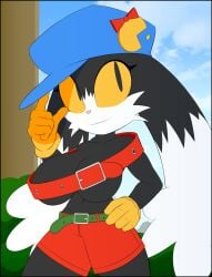 bandai_namco baseball_cap breasts covered_nipples female female_klonoa female_only hand_on_hip klonoa klonoa_(series) rule_63 shorts slickehedge topless yellow_eyes yellow_gloves