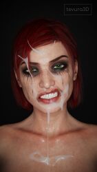 1girls 3d after_sex bioware commander_shepard cum cum_on_face female female_only femshep freckles green_eyes human light-skinned_female light_skin mascara mass_effect red_hair ruined_makeup running_makeup running_mascara runny_makeup sneer solo solo_female teeth tevura3d