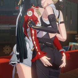 2girls 3d astra_yao commentary english_commentary evelyn_chevalier highres multiple_girls shinshogun zenless_zone_zero