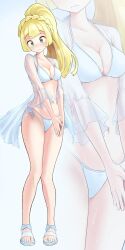 1girls bangs bikini blonde_hair blush braid breasts cleavage collarbone full_body game_freak green_eyes lillie_(pokemon) long_hair looking_at_viewer medium_breasts multiple_views navel nintendo pokemon pokemon_sm ponytail sandals see-through shirt standing striped swimsuit toiro_gawon white_shirt zoom_layer