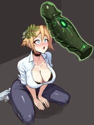 arm_support black_bra black_choker blonde_hair blush bra breasts choker cleavage collared_shirt commentary disembodied_penis english_commentary female genderswap_(mtf) grey_pants highres large_breasts laurel_crown office_lady open_collar open_mouth pants penis penis_awe podobrick primarch roboute_guilliman rule_63 shirt silent_king sitting solo_focus sweatdrop underwear warhammer_40k white_shirt wide-eyed