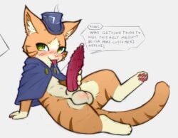 4_fingers 4_toes animal_genitalia animal_penis anthro balls blush bodily_fluids cait calico_cat cat_tail cloak clothing cum dialogue domestic_cat feet felid feline feline_genitalia feline_penis felis fingers fur genital_fluids genitals green_eyes hand_on_penis hat headgear headwear inner_ear_fluff looking_at_viewer male mammal minzemilk multicolored_body octopath_traveler octopath_traveler:_champions_of_the_continent orange_body orange_fur pawpads penile_spines penis precum propositioning rique_(octopath_traveler:_cotc) saliva sheath simple_background solo square_enix striped_body stripes tail text toes tuft two_tone_body