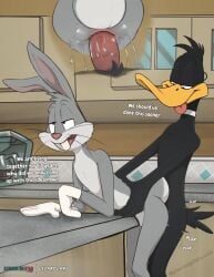 anatid anseriform avian bird bugs_bunny daffy_duck duck english_text hi_res lagomorph leporid lizardlars looney_tunes male male/male mammal rabbit sound_effects text warner_brothers