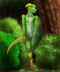 3_toes 4_fingers absurd_res ambiguous_gender animal_genitalia anthro awkward bodily_fluids cloaca crossed_legs digitigrade dirt embarrassed erection feet fingers forest forest_background genital_fluids genitals gradient_body grass green_body hand_on_hip hands_behind_back hi_res horn kobold leaking_precum lighter_belly male markings mud nature nature_background navel nervous nude organs penis plant precum scales scalie shaded shrub slim snout soft_shading solo standing stomach stripes tail toes tree united_patriots