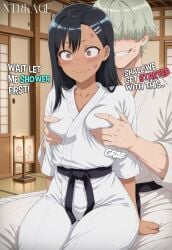 1boy 1girls ai_generated blush breast_grab bruise cheating comic comic_page curvy_hips dojo english_text evil_smile hayase_nagatoro hi_res highres karate_outfit netorare ntrkage original_character petite please_don't_bully_me,_nagatoro slim_waist small_breasts zoster