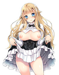 ass_visible_through_thighs black_bow black_bowtie blonde_hair blue_eyes blush bow bowtie breast_outside breasts breasts_apart closed_mouth corset cowboy_shot eyebrows_visible_through_hair female head_tilt kurosawa_kiyotaka large_breasts lifted_by_self long_hair long_sleeves looking_at_viewer nipples princess_(princess_principal) princess_principal school_uniform shirt shirt_lift simple_background skirt skirt_lift smile solo standing very_long_hair white_background white_shirt