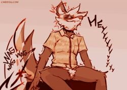 2026 andromorph anthro biped blush bottomless bottomless_andromorph bottomless_anthro bottomless_intersex brown_body brown_fur clothed clothing digital_media_(artwork) domestic_ferret facial_markings ferar_(lawyerdog) fur genitals head_markings intersex lawyerdog mammal markings mask_(marking) multicolored_body multicolored_fur mustelid musteline shirt sitting solo tail tail_motion tailwag topwear trans_(lore) trans_man_(lore) true_musteline two_tone_body two_tone_fur vulva weasel white_body white_fur